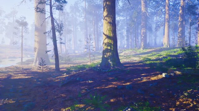 Cool birch grove bathed in blue light, soft sunbeams filtering through leaves, textured white bark, long shadow patterns, crisp quiet mood suggesting escape