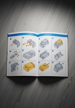 A clean overhead view of an open paper booklet showing generic diagrams and sequential assembly steps on a smooth light gray wooden surface, layout, clear, top view