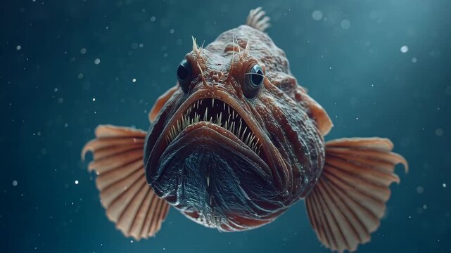 Close-up of a deep sea anglerfish with bioluminescent lure in dark ocean.