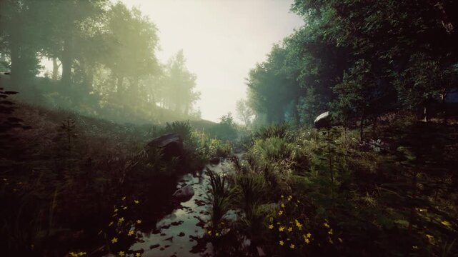 Quiet woodland slope with narrow path, late light filtering through trees, scattered wild grasses and flowers, cinematic mood suited for storytelling visuals.