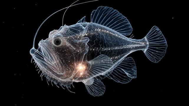 Deep sea anglerfish glowing in dark ocean environment with bioluminescent lure.