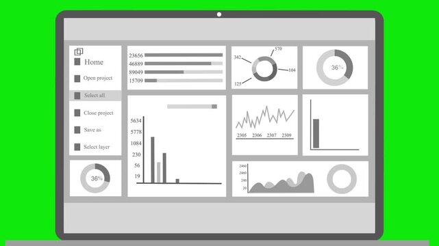 Laptop screen dashboard with multiple charts and sidebar menu animation