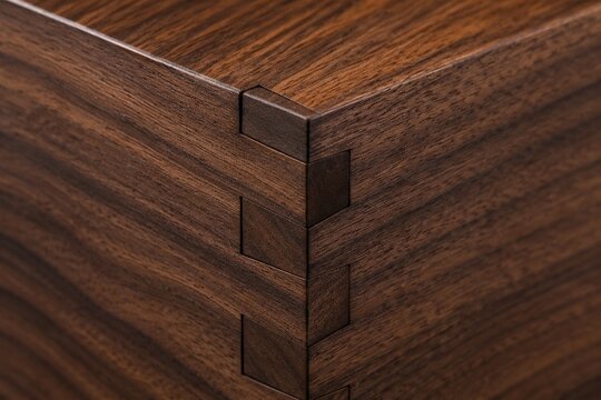 An extreme close-up of a precise dovetail joint connecting two pieces of dark walnut wood.