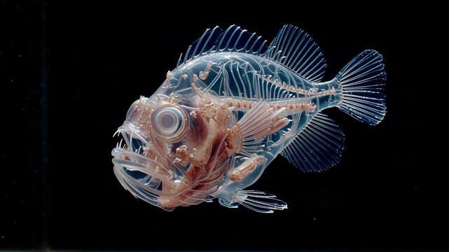 Detailed X-ray image of a fish skeleton showing bone structure and fin rays.