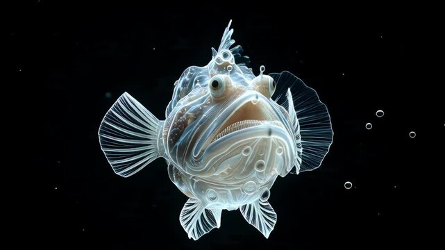 Close-up of a juvenile fish with translucent fins swimming underwater.