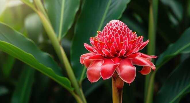 A vibrant red ginger flower blooms amidst lush green tropical leaves, showcasing its intricate torch-like shape in a bright garden setting, landscape, agriculture, flower