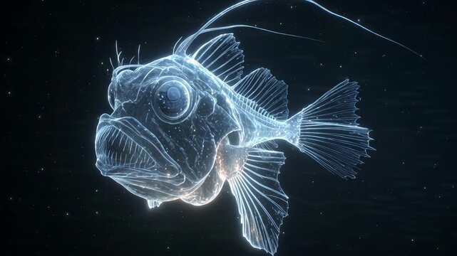 Digital wireframe illustration of a deep-sea anglerfish in dark environment.