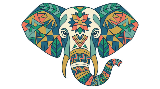 Illustration vectorielle d'une t&ecirc;te d'&eacute;l&eacute;phant orn&eacute;e de motifs g&eacute;om&eacute;triques color&eacute;s dans un style artistique ethnique et tribal sur un fond blanc &eacute;pur&eacute;.