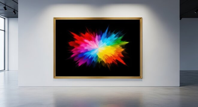 An opulent contemporary art gallery showcases a large abstract canvas framed in ornate gold, illuminated by soft professional spotlighting, brushwork, abstract, expression