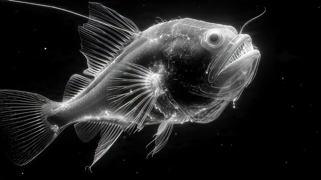 Detailed X-ray image showing the internal structure of a fish with visible bones and fins.