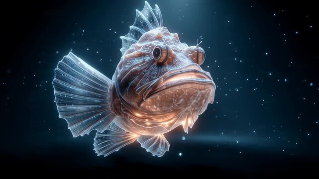 Close-up of a deep sea fish illuminated in dark underwater environment.
