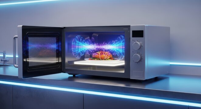 Futuristic microwave technology showing electromagnetic waves heating food in a high-tech kitchen setting with blue neon lighting accents, cooking, appliance, modern