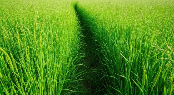 Lush wild meadow featuring dense green herbage with visible narrow paths carved through the tall stalks by frequent movement and activity, life, field, landscape