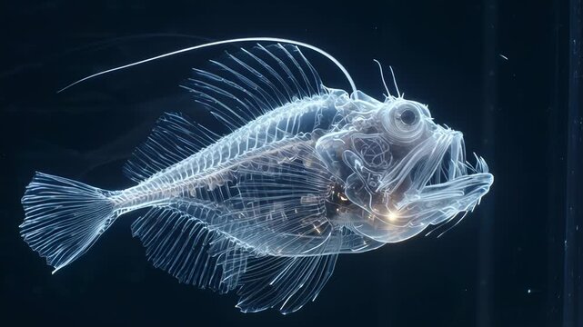 Detailed X-ray image of a fish skeleton showing bone structure and fins.