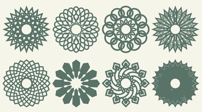 Ensemble de huit motifs circulaires ornementaux de style mandala vert sauge sur fond cr&egrave;me, parfaits pour des &eacute;l&eacute;ments de design graphique, des logos ou des d&eacute;corations artistiques.