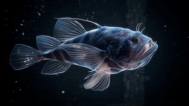 Detailed underwater view of a deep sea anglerfish with bioluminescent lure glowing in dark ocean.