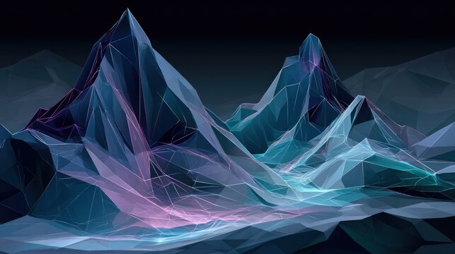 Abstract low poly blue mountain landscape at night.