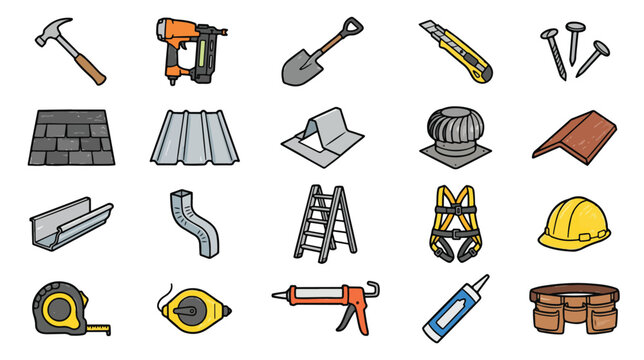 Crayon Style Roofing Tools Icon Set Illustration