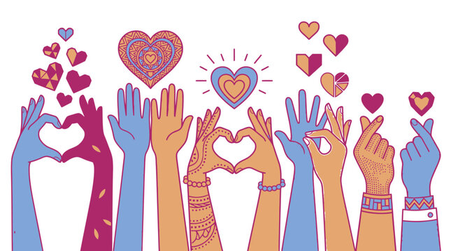 Illustration vectorielle de mains diverses lev&eacute;es formant des c&oelig;urs avec des symboles d'amour color&eacute;s flottant au-dessus, repr&eacute;sentant l'unit&eacute;, la diversit&eacute; et la solidarit&eacute; humaine.
