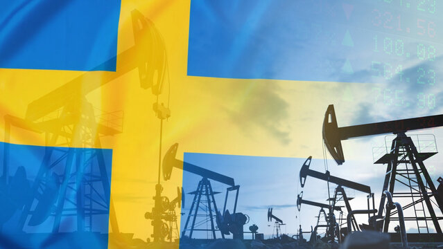 Crude oil pump jacks, financial data tables, and the Swedish flag. Volatile energy markets, the role of oil exports, and tracking global economic indicators for international trade analysis.
