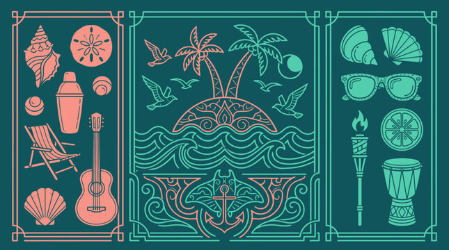 Conjunto de ilustra&ccedil;&otilde;es vetoriais de ver&atilde;o com elementos tropicais, conchas, palmeiras, viol&atilde;o e &iacute;cones de praia em estilo de arte de linha elegante sobre fundo escuro
