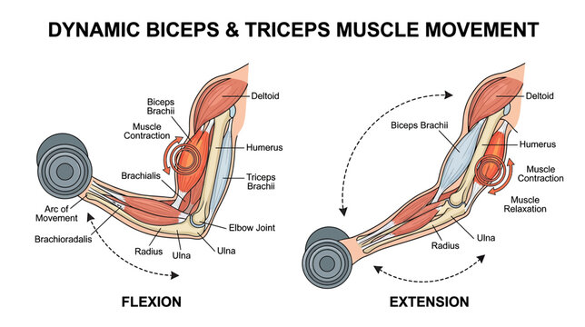 Biceps and Triceps Muscle Movement Diagram: Flexion and Extension