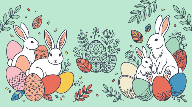 Ilustra&ccedil;&atilde;o vetorial festiva de P&aacute;scoa com coelhos brancos fofos, ovos de P&aacute;scoa decorados com padr&otilde;es ornamentados e elementos bot&acirc;nicos em um fundo verde pastel suave.
