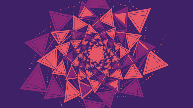 Un motif g&eacute;om&eacute;trique abstrait compos&eacute; de triangles superpos&eacute;s cr&eacute;ant un effet de spirale dynamique dans des tons de violet et de corail pour un design moderne et artistique.