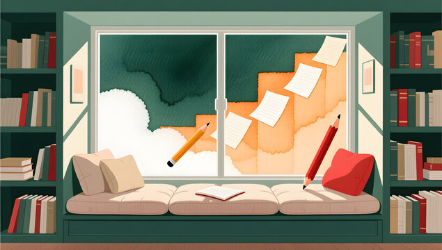 window reading nook home reading space illustration background