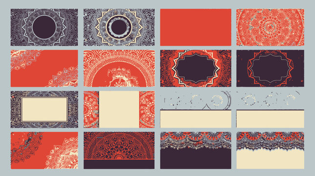Eine Sammlung von sechzehn Visitenkarten-Vorlagen mit eleganten Mandalamustern in Rot, Dunkelblau und Beige f&uuml;r kreative und professionelle Branding-Designs.