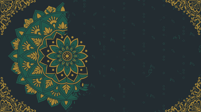 Fond d'&eacute;cran &eacute;l&eacute;gant avec un motif de mandala floral complexe en vert &eacute;meraude et dor&eacute;, id&eacute;al pour des invitations de mariage ou des designs de cartes de v&oelig;ux orientales.