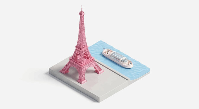 Eiffel tower vector pink vector isometric landmark on map with boat