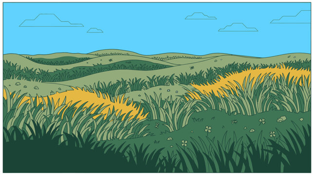 Ilustraci&oacute;n vectorial de un paisaje de colinas onduladas cubiertas de hierba verde y parches de pasto amarillo bajo un cielo azul despejado con nubes suaves en un estilo art&iacute;stico plano.