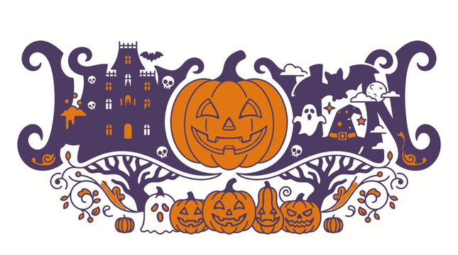 Ilustra&ccedil;&atilde;o vetorial festiva de Halloween com tipografia estilizada, ab&oacute;boras esculpidas, casa assombrada, fantasmas e morcegos em um design tem&aacute;tico de outono para celebra&ccedil;&otilde;es.