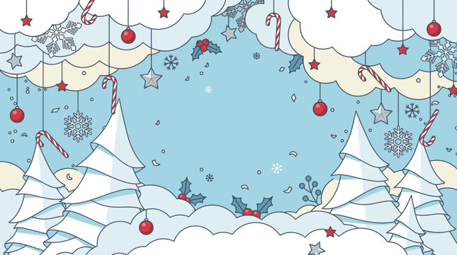 Festlicher weihnachtlicher Hintergrund mit h&auml;ngenden Zuckerstangen, Weihnachtskugeln, Schneeflocken und stilisierten Tannenb&auml;umen in einer winterlichen Wolkenlandschaft mit Kopierraum.