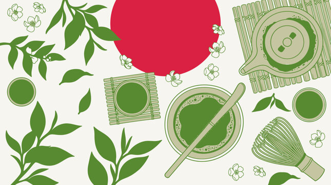 Ilustraci&oacute;n plana de estilo japon&eacute;s con t&eacute; matcha, hojas de t&eacute; verde, batidor de bamb&uacute;, cuenco y flores de cerezo sobre un fondo minimalista con un c&iacute;rculo rojo central.