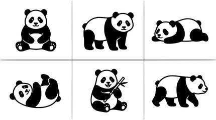Obraz premium Pandas in Various Poses and Activities in Black and White Vector Illustrations Featuring Panda, Illustration, Animal with Cute