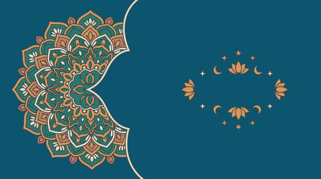 Ein eleganter Hintergrund mit einem detaillierten Mandala-Muster in Petrol und Goldt&ouml;nen, das eine harmonische und spirituelle Atmosph&auml;re f&uuml;r Einladungen oder Gru&szlig;karten schafft.