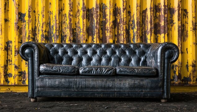 Tufted black leather sofa rests before a weathered, textured yellow corrugated metal wall