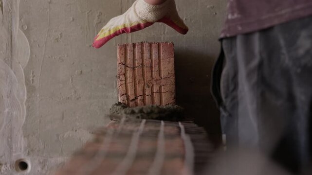 Laying hollow clay bricks with mortar during wall construction