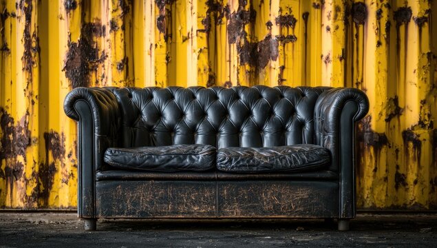 Aged black tufted sofa sits before a weathered yellow corrugated metal wall