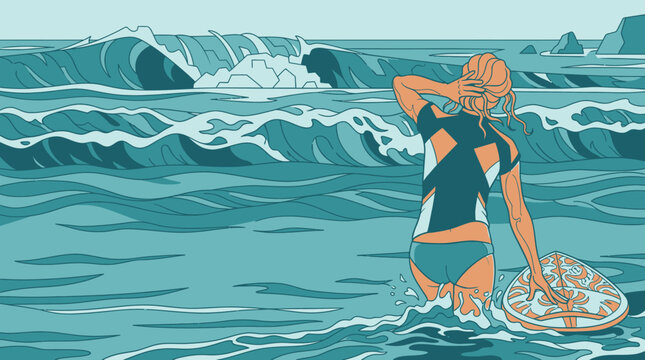 Illustration vectorielle d'une surfeuse en combinaison entrant dans l'oc&eacute;an avec sa planche de surf, capturant l'esprit des sports nautiques et de la vie &agrave; la plage dans un style graphique moderne.