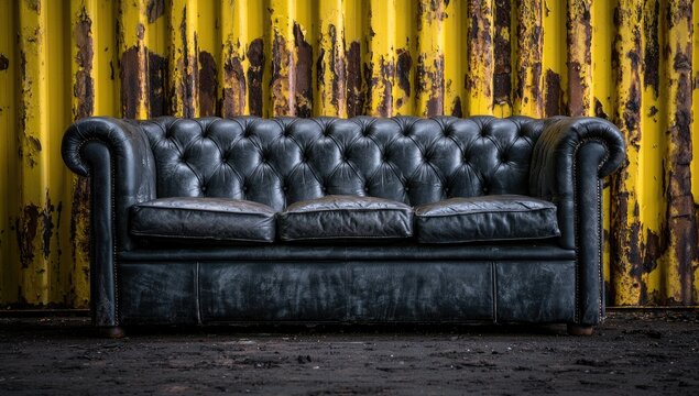 A dark, tufted leather sofa sits before a weathered, yellow corrugated metal wall