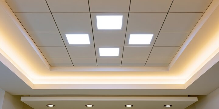 Illuminated modern recessed ceiling with square panels and warm ambient lighting