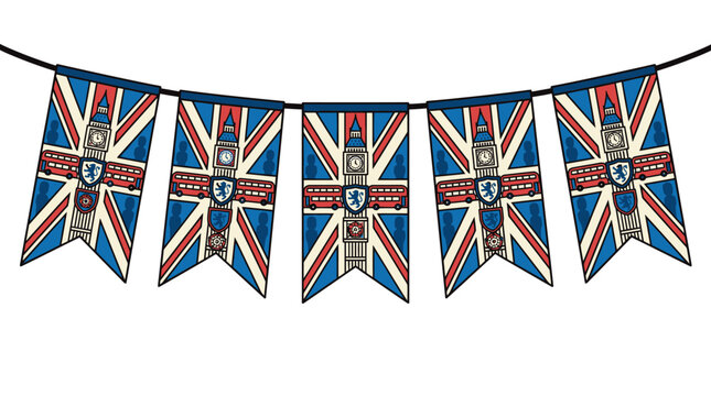 Bandeirinhas decorativas penduradas com estampa da bandeira do Reino Unido e &iacute;cones ic&ocirc;nicos de Londres como o Big Ben e &ocirc;nibus de dois andares isoladas em fundo branco