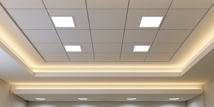 Modern recessed ceiling with square panels and warm ambient lighting
