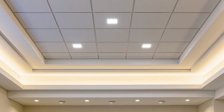 Modern recessed lighting and tiered coffered ceiling in an office