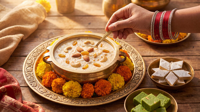 Hand with red bangles sprinkling almonds into brass bowl of kheer beside kaju katli and marigold