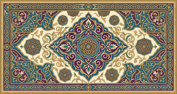 Exquisite Islamic arabesque rug vector illustration featuring traditional middle eastern geometric motifs, elegant floral ornaments, and a luxury border frame
