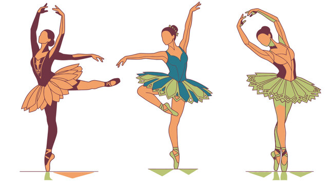 Drei elegante Ballerinen in verschiedenen Tanzposen mit bunten Tutus und Ballettschuhen, dargestellt als flache Vektorillustration auf wei&szlig;em Hintergrund f&uuml;r k&uuml;nstlerische Projekte.